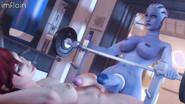 Asari alien babe with dick fucks redhead girl's pussy on bench press