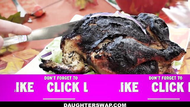 Burnt Thanksgiving turkey sliced on plate, Daughterswap ad parody