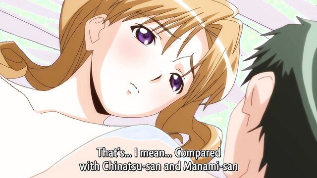 Blonde anime girl with purple eyes close-up in hentai threesome