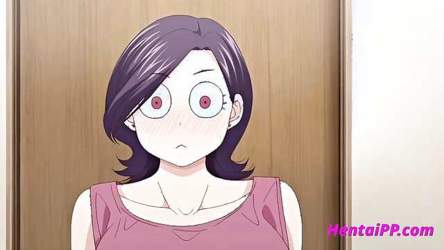 Wide-eyed anime stepmom with purple hair stares surprised in hentai