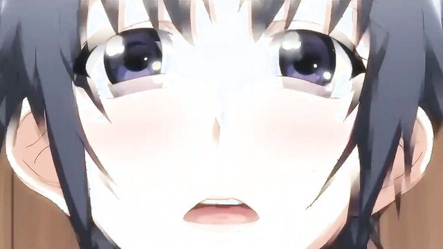 Closeup of busty anime stepmom's shocked purple eyes and blushing face in hentai