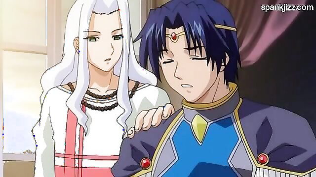 Anime silver-haired babe comforts blue-haired guy in intimate hentai scene