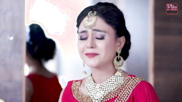 Darkhaired Indian babe in pink embroidered saree blouse crying erotically