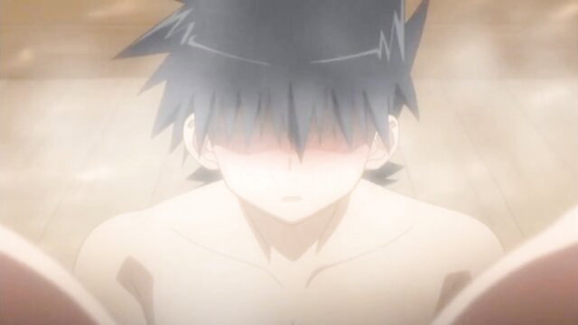 Anime boy face buried in massive tits, steamy hentai creampie kiss action