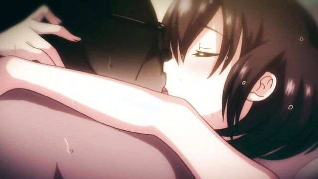 Anime brunette hentai girl kissed passionately in bed