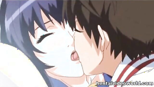 Anime babe with huge tits French kissing boy passionately