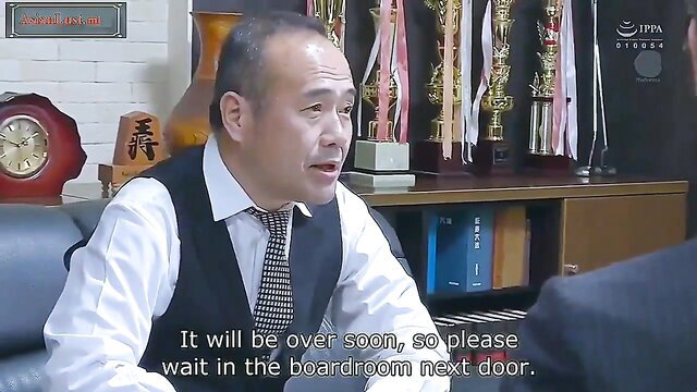 Married Japanese boss in suit talks in office, JAV anal submission