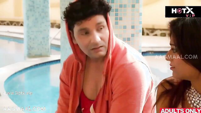 Indian couple in poolside tease, hot busty babe in bikini with hunk