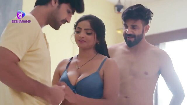 Hot Indian wife in blue bra with two men in steamy threesome