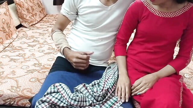 Indian stepdaughter in red salwar kameez sits on uncle's lap in steamy anal tease