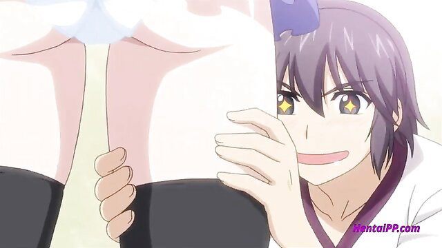 Anime stepbrother gropes huge tits of cute purple-haired girl