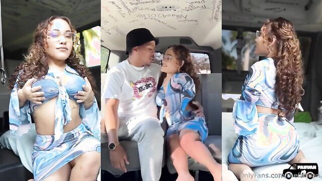 Petite mixed woman in blue lingerie with man in van, OnlyFans teaser