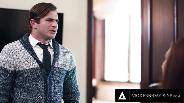 Male in sweater tie talks intently in Emma Hix Vanna Bardot Rocky orgy