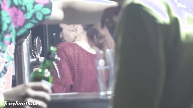 Petite amateur chick in red sweater at bar mirror, JenySmith public strip tease