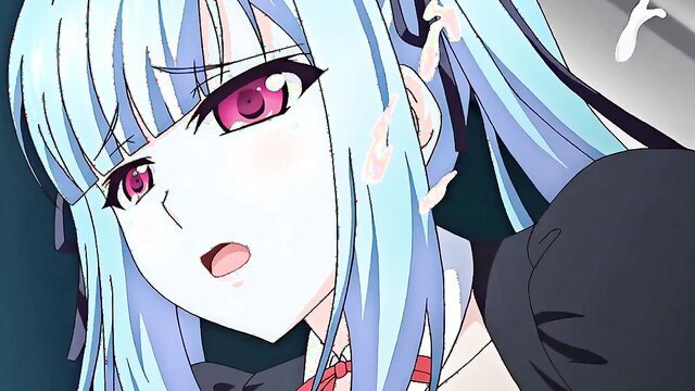 Blue-haired anime girl with red eyes in steamy hentai closeup