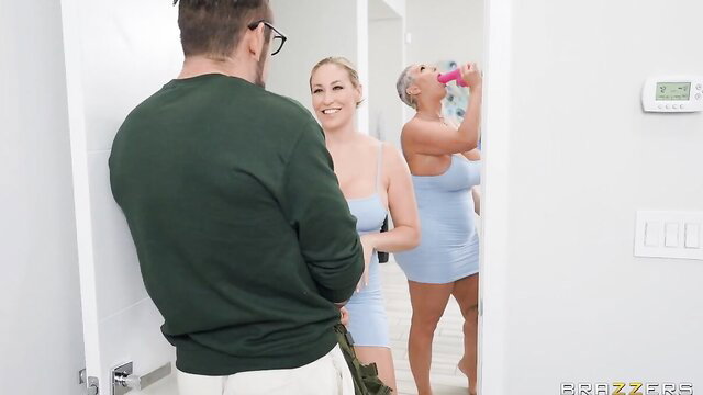 Ryan Keely with two hot blondes in skimpy dresses threesome tease