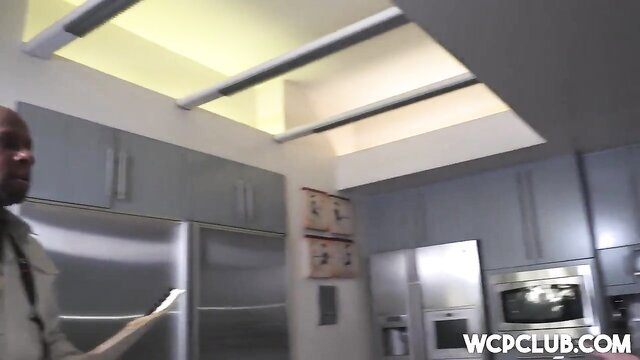 Man in kitchen with Jessa Rhodes huge black cock porn thumbnail