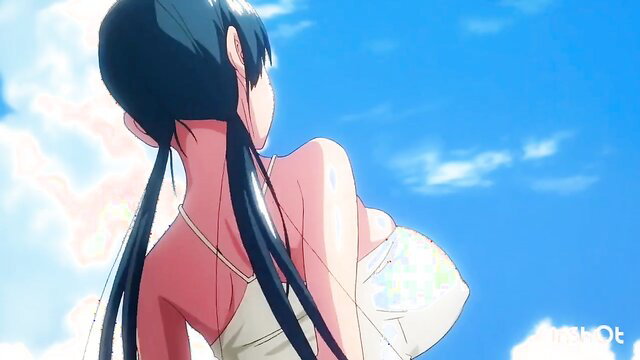 Anime girl with huge tits in skimpy white dress, long black twin tails