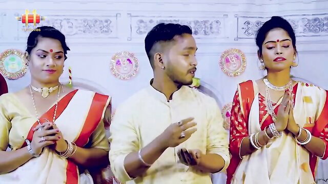 Two busty Indian babes in sarees pray with handsome guy in hot threesome tease