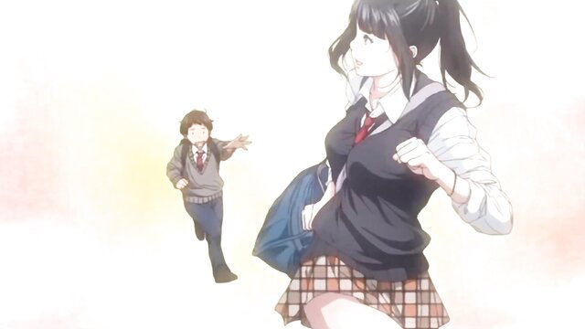 Anime schoolgirl in plaid skirt chased by boy in steamy hentai scene