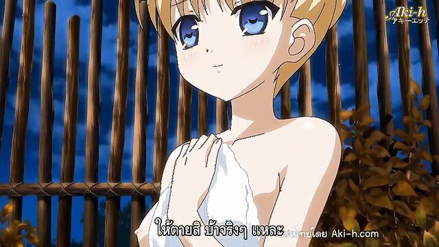 Blonde anime girl nude with towel, blue eyes, outdoor hentai scene