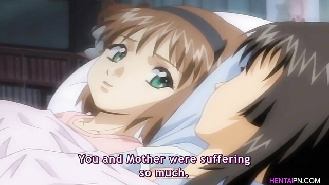 Anime MILF comforts girl in bed, steamy hentai lesbian tease