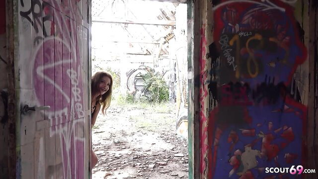 Mary Jane Mayhem peeking from graffiti door in lingerie, SCOUT69