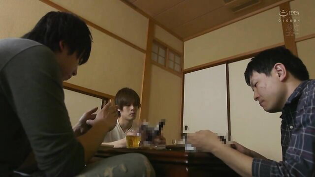 Meguri and Japanese guys playing cards clothed in JAV group foreplay