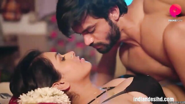 Indian beauty with huge tits in black bra kissed by ripped hunk in steamy scene