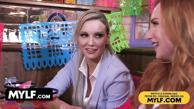 Kenzie Taylor & Sophia Locke smiling in sexy Mylf reverse gangbang