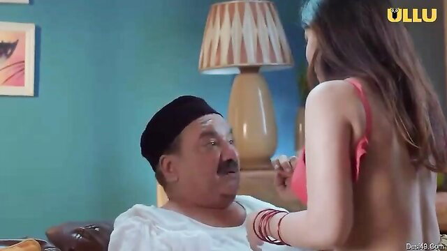 Indian housewife in bra grabs fat man's crotch in Ullu web series