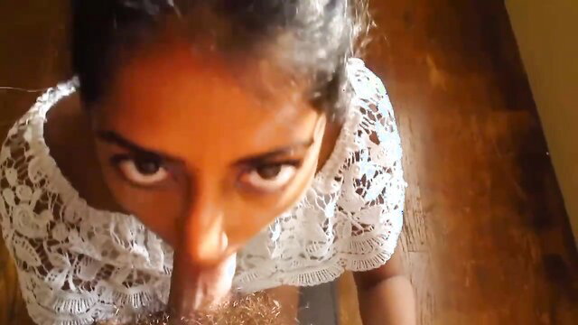 Hot Indian babe with POV blowjob, deepthroating cock in lace top