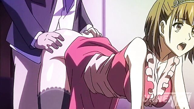 Anime princess in pink dress groped from behind, JAV creampie tease