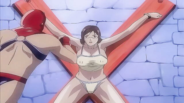 Anime Asian babe bound on X-frame, groped by masked fighter