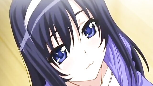 Blue-eyed black-haired anime babe with headband in steamy hentai