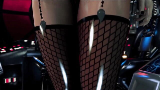 Animated girl in fishnet stockings teases monster dick on sci-fi ship