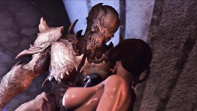 3D cartoon scene of a woman being bitten by a monster