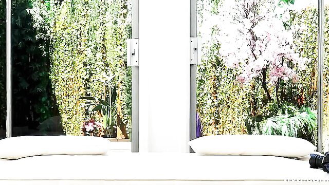 Kinky ebony babe POV setup with garden view pillows and camera