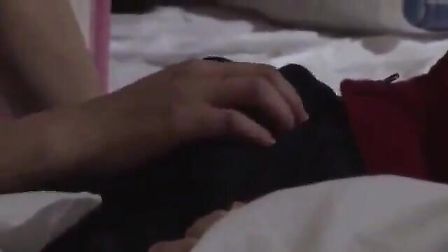 Hot Asian teen babe groped on bed in sexy black skirt and red top