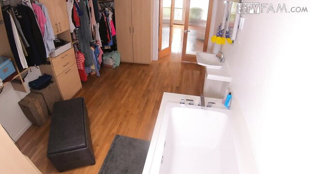 Kenna James blonde stepsis in open closet by tub, tight pussy tease