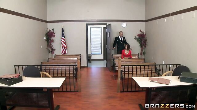Peta Jensen in red dress with lawyer in courtroom - Brazzers