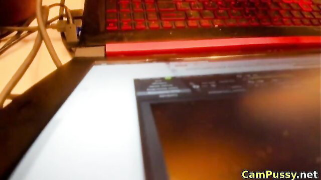 Petite French beauty masturbates in lingerie on red keyboard