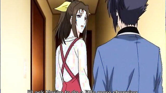 Big-titted brunette hentai girl in sexy dress with man in hotel hallway