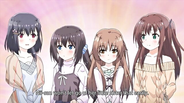 Four cute anime babes in sweaters, Nii-san won't let go of little sister