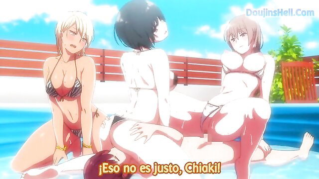 Three busty anime babes in bikinis by pool, thick tits spilling out