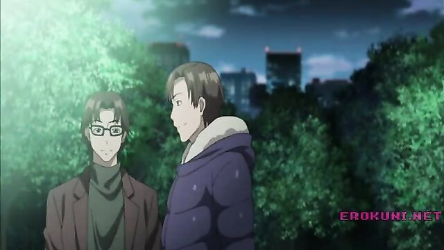 Two handsome Japanese men in suits walking at night park