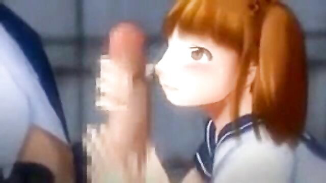 Anime hentai schoolgirl with orange twintails stares at huge cock closeup