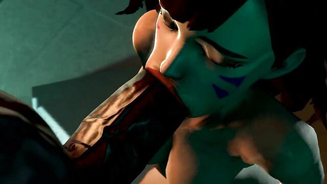 Green-skinned alien girl with tribal tattoos sucking thick cock closeup