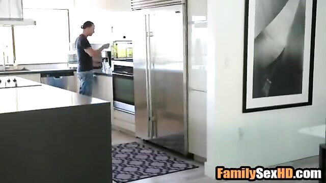Man in kitchen wearing apron, family sex HD thumbnail