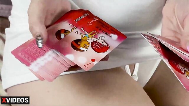 Hot babe in white lingerie holds pink strip cards, daddy play POV